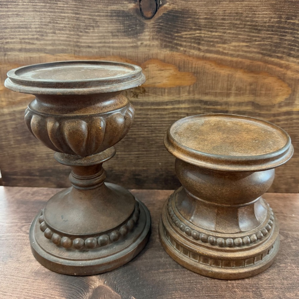 Vintage Style Bronze Finish Pillar Candle Holder Set of 2 Beaded Pedestal